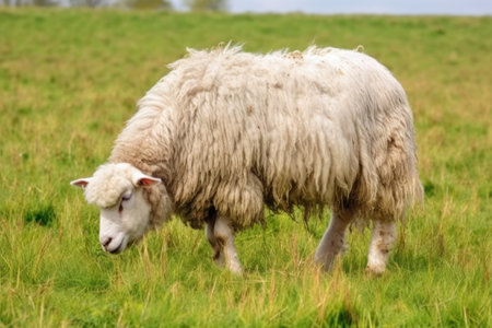 a fluffy white sheep grazing in a meadow, created with generative aiの素材