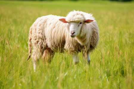 a fluffy white sheep grazing in a meadow, created with generative aiの素材
