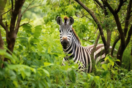 a zebra standing near a tall bush of greenery, created with generative aiの素材