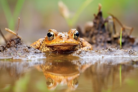 a horned frog resting in a wetland area, created with generative aiの素材