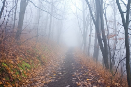 path leading through thick blanket of fog, created with generative aiの素材