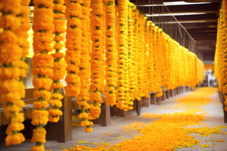drapes of marigold garlands hanging in a temple, created with generative aiの素材