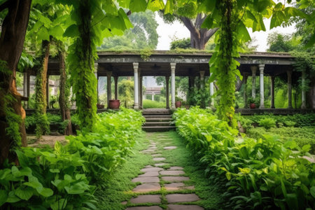 well maintained temple garden with lush greenery, created with generative aiの素材