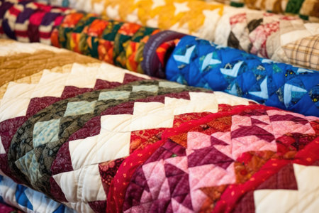 close-up of handsewn quilts in various patterns, created with generative aiの素材