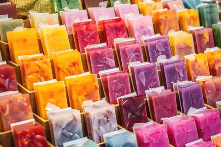 colorful artisan soap display with different shapes, created with generative aiの素材