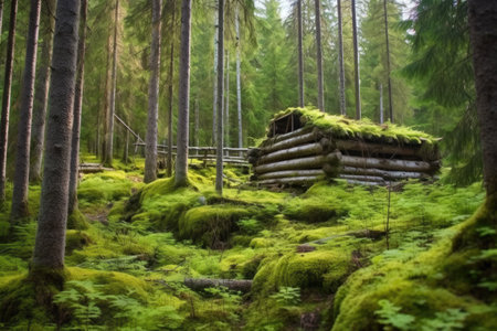 a moss-covered log hut nestled in an evergreen forest, created with generative aiの素材