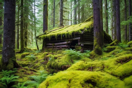 a moss-covered log hut nestled in an evergreen forest, created with generative aiの素材