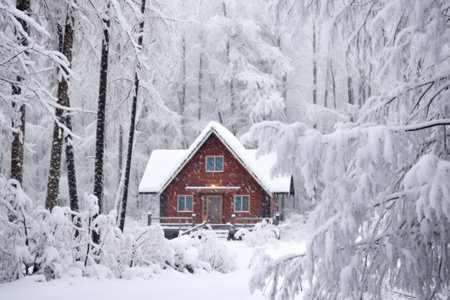 forest cabin during a heavy snowfall with frosty trees around, created with generative aiの素材