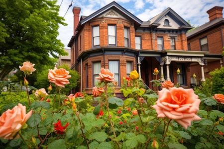 a brown brick victorian home with a rose garden, created with generative aiの素材