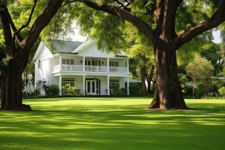 a white colonial house with a green lawn and trees, created with generative aiの素材