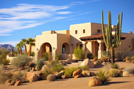 a stucco southwest-style home with a desert landscape, created with generative aiの素材