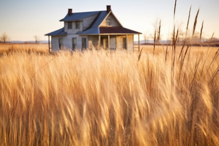 a prairie house with a wispy prairie grass landscape, created with generative aiの素材