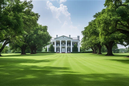 a southern plantation with white columns and sprawling land, created with generative aiの素材