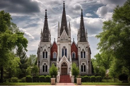 a gothic revival house with tall, dramatic spires, created with generative aiの素材