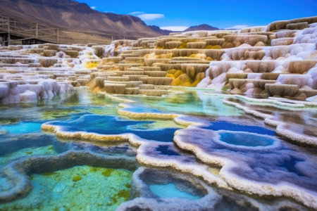 hot spring terraces filled with vibrant colored water, created with generative aiの素材