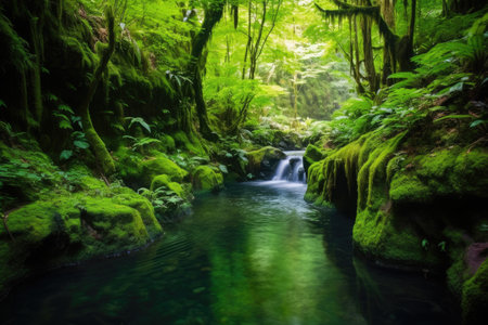 lush forest surrounding a secluded hot spring, created with generative aiの素材