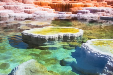 close-up of hot spring with vibrant mineral deposits, created with generative aiの素材