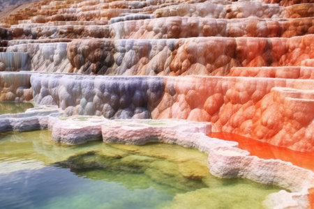 close-up of hot spring with vibrant mineral deposits, created with generative aiの素材