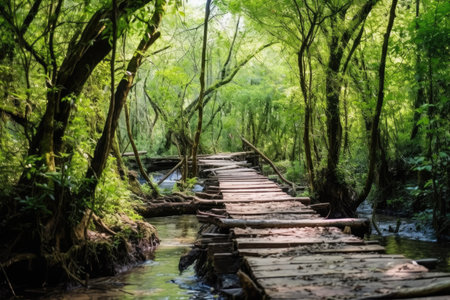 old wooden footpath leading to a hot spring, created with generative aiの素材