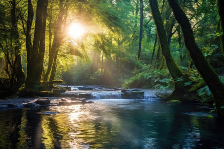 morning light illuminating a hot spring amidst trees, created with generative aiの素材