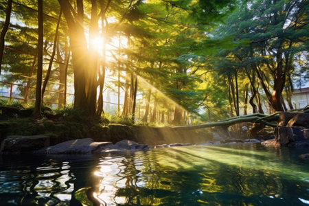morning light illuminating a hot spring amidst trees, created with generative aiの素材