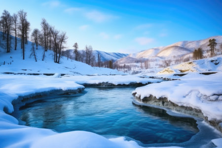 hot spring amidst snowy environment in winter, created with generative aiの素材
