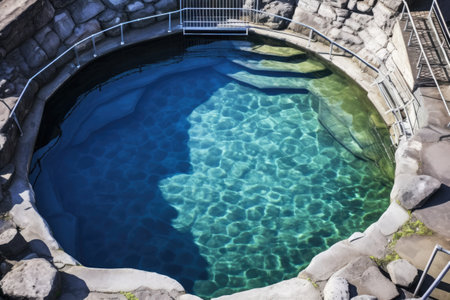 overhead view of a round hot spring pool, created with generative aiの素材