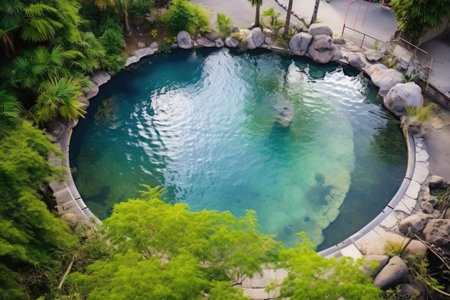 overhead view of a round hot spring pool, created with generative aiの素材