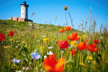 lighthouse on a hill with spring wildflowers foreground, created with generative aiの素材