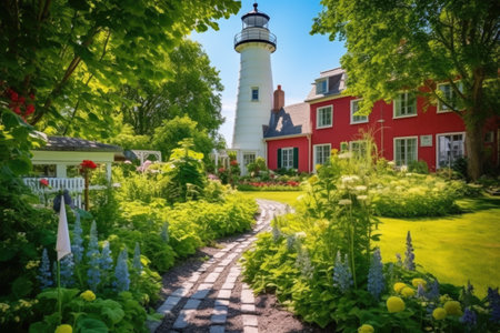 lighthouse with vibrant courtyard gardens, created with generative aiの素材