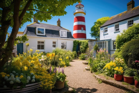 lighthouse with vibrant courtyard gardens, created with generative aiの素材
