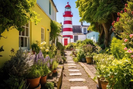 lighthouse with vibrant courtyard gardens, created with generative aiの素材