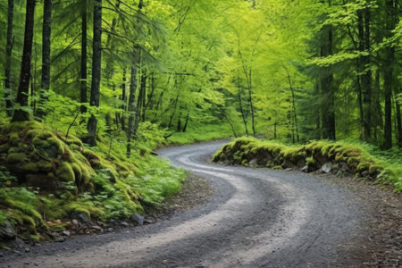 winding gravel path through a dense forest, created with generative aiの素材