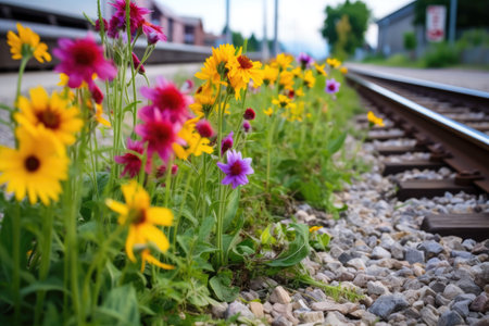 vibrant flowers blooming by the side of train tracks, created with generative aiの素材