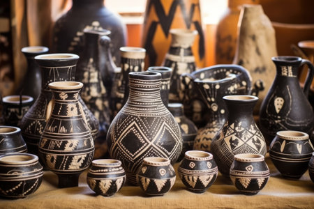 handcrafted, ethnic pottery in various shapes on a wooden table, created with generative aiの素材