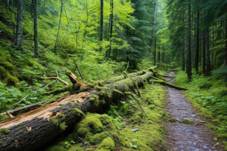 a fallen tree across a path in a deep forest, created with generative aiの素材