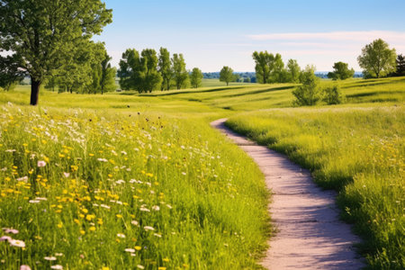 winding trail through a wildflower meadow, created with generative aiの素材