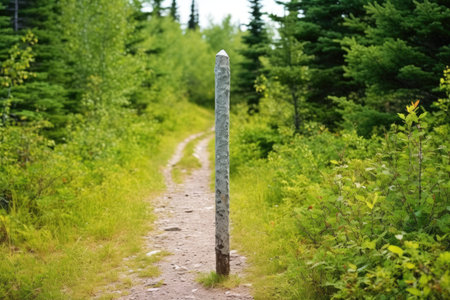 a pole with mile-markers on a long hiking trail, created with generative aiの素材