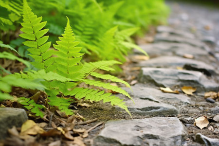 close-up of fern leaves growing beside a trail, created with generative aiの素材