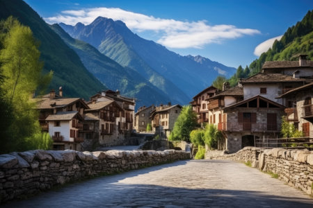 stone bridge leading to a classic mountain village, created with generative aiの素材
