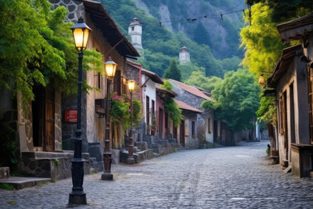 mountain village street with cobblestone and lanterns, created with generative aiの素材