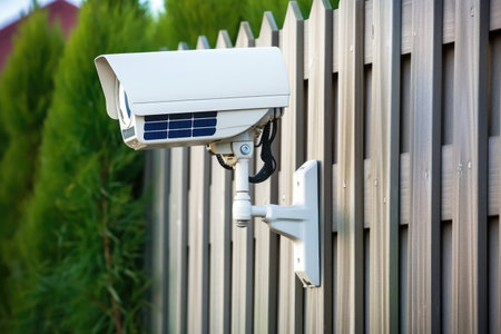 outdoor, solar-powered, wireless security camera on fence, created with generative aiの素材