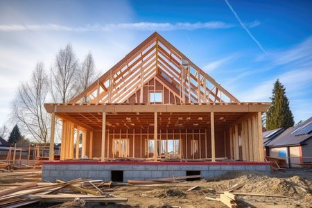 a front view of a partially built house with exposed beams, created with generative aiの素材