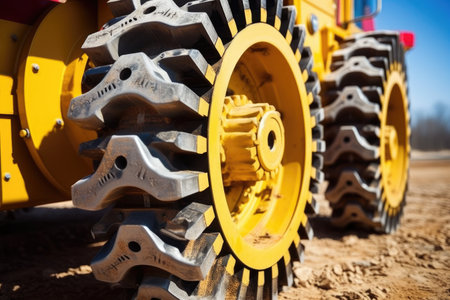 close-up shot of heavy construction machinery wheel, created with generative aiの素材