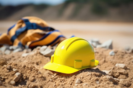 yellow construction helmet lying on a pile of sand, created with generative aiの素材