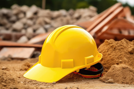 yellow construction helmet lying on a pile of sand, created with generative aiの素材