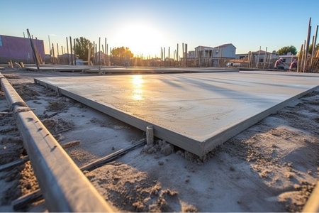 freshly poured concrete on a site with visible steel reinforcements, created with generative aiの素材