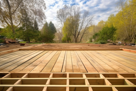 unfinished wooden deck in a backyard, created with generative aiの素材