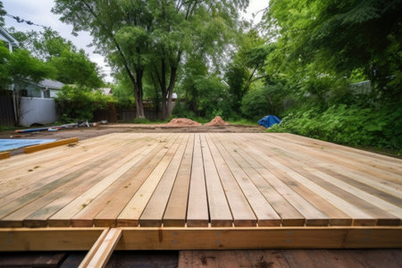 unfinished wooden deck in a backyard, created with generative aiの素材