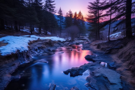 twilight touching a hot spring surrounded by forest, created with generative aiの素材